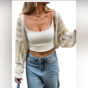 Cream Cropped crochet Open-Knit Cardigan
